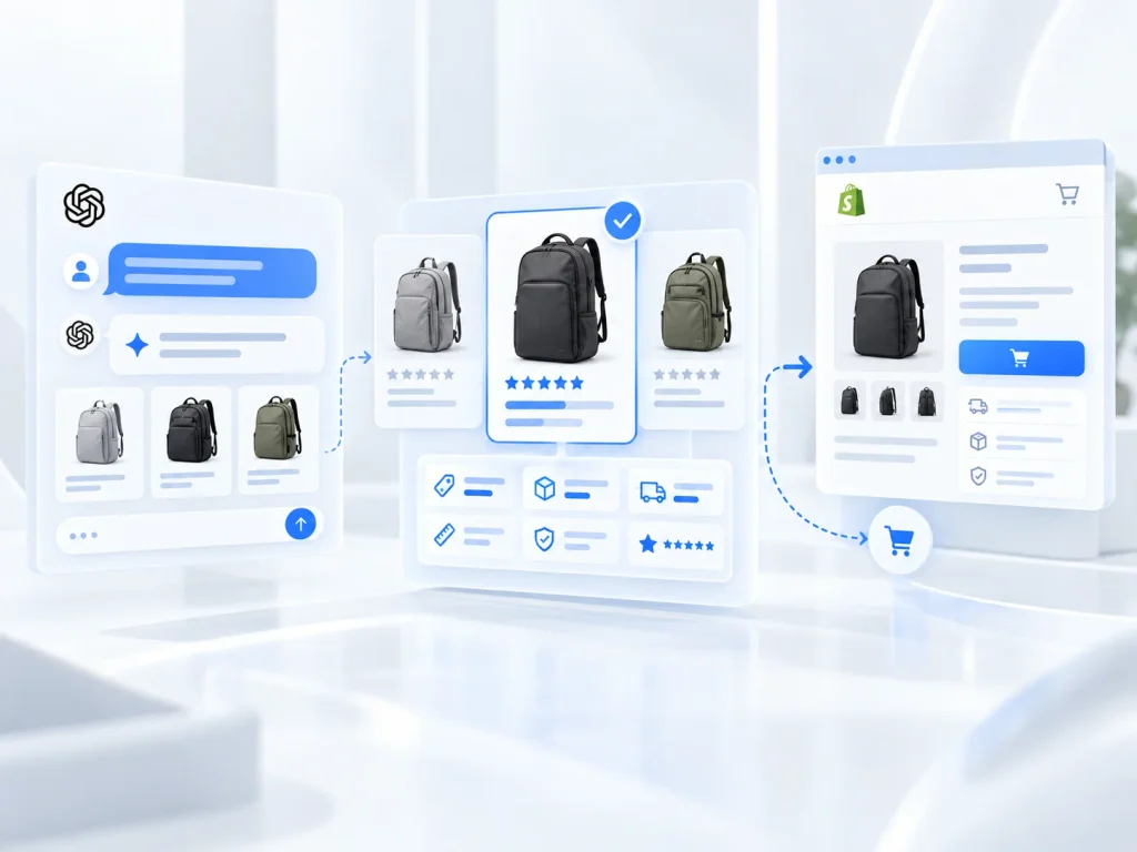 StoreHQ visual showing an AI shopping agent comparing backpacks and guiding a shopper from product selection to Shopify checkout.
