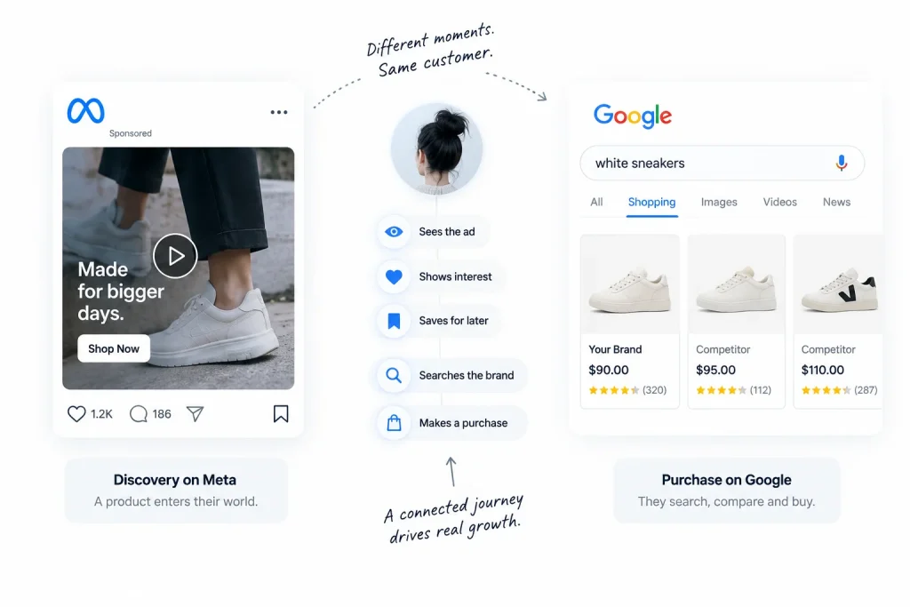 StoreHQ visual showing a shopper discovering a product on Meta, then searching and purchasing through Google.