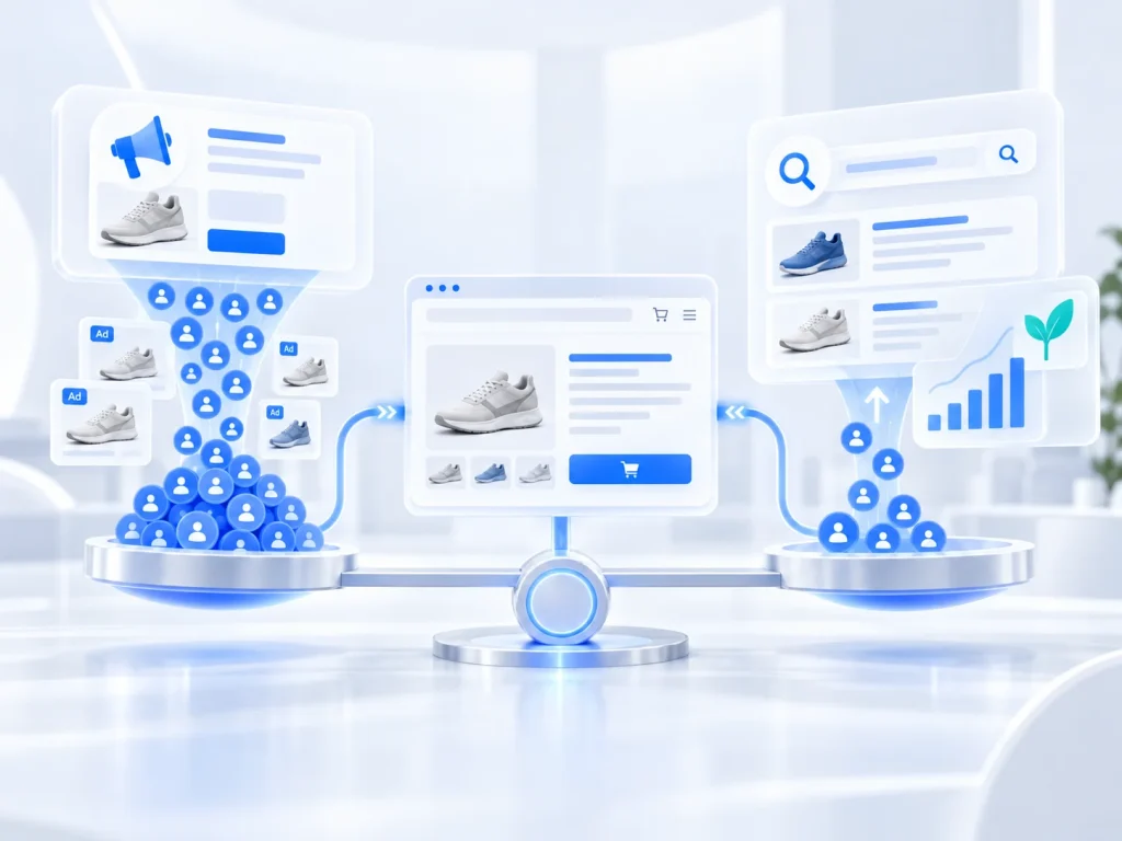StoreHQ visual comparing paid ads, SEO, and email as three ways to allocate ecommerce marketing budget.