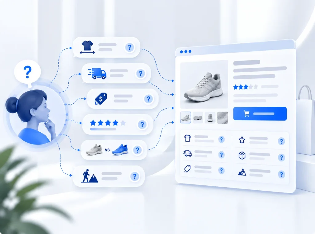StoreHQ visual showing buyer questions about size, shipping, price, reviews, and comparisons leading to a product page.