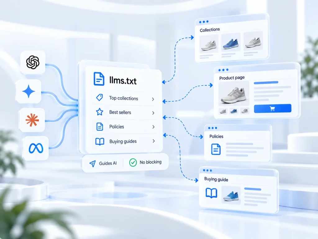 StoreHQ illustration showing how llms.txt guides AI tools to Shopify product pages, collections, policies, and buying guides.